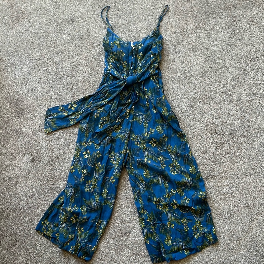 Free People wide leg cropped jumpsuit button up tie front